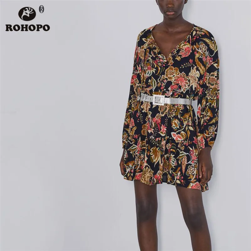ROHOPO с длинным рукавом красный цветочный черный прямое платье Винтаж Круглый