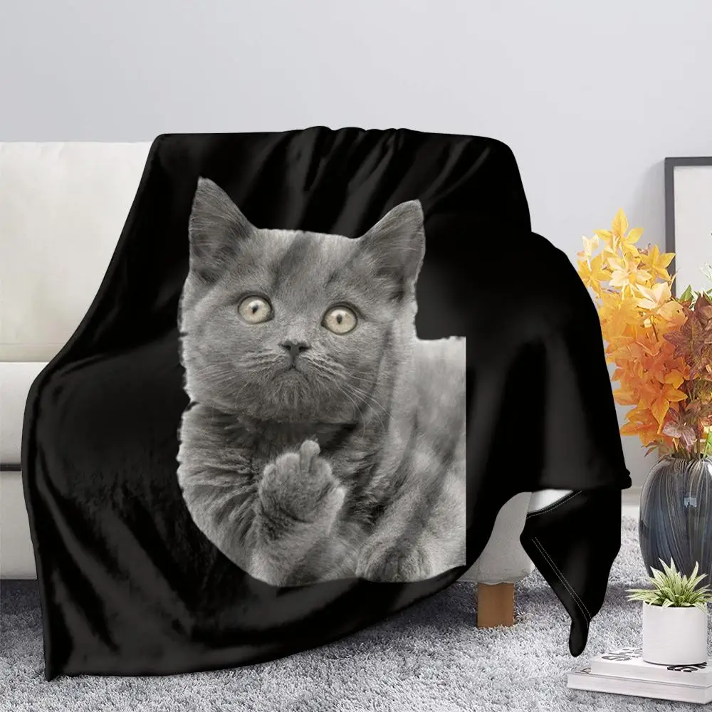 

3D Middle Finger Cat Black Printed Fleece Blanket Sofa Bedding Warm Fall/Winter School Nap Single Blanket for Adult Kids Quilt