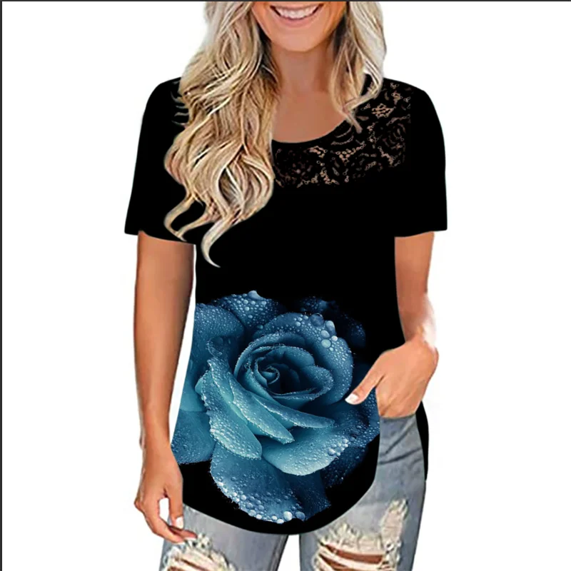

Женская блузка с цветочным принтом, кружевная ажурная блузка составного кроя с коротким рукавом, повседневные топы свободного покроя, 2021, 5XL...