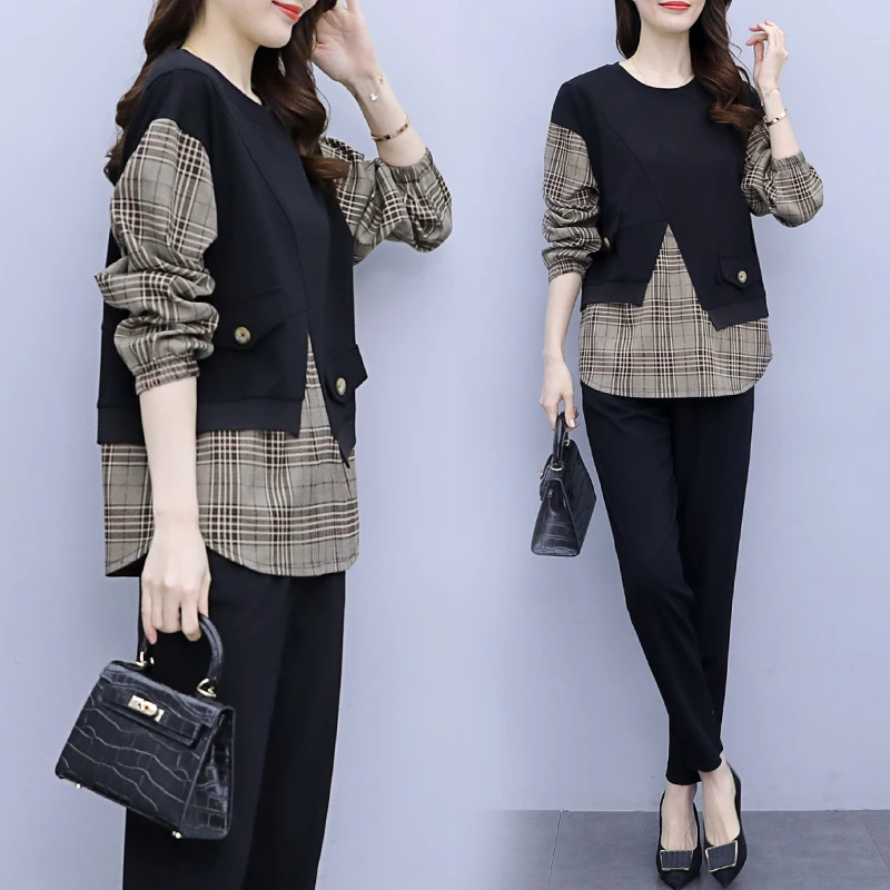 

На весну размера плюс, комплект состоит из ленты для волос, комплект из топа с длинными рукавами и брюки для девочек комплект тонкий модный клетчатый комплект из искусственной ткани из двух предметов ensemble femme survetement