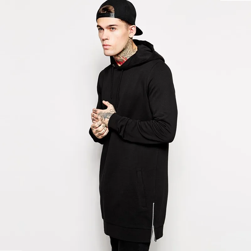 

2023 men's hip hop fleece sweatshirts with hoody side zip to hem design long sweat shirt men longline hoodies for men