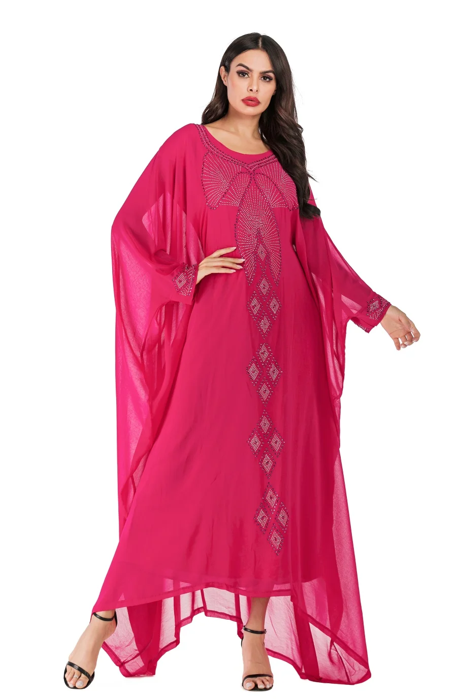 Siskakia Vintage Ethnic Abaya Dress Fashion Batwing Sleeve O Neck Hot Fix Rhinestone Dressing Gowns Rose Red Plus Size for Women