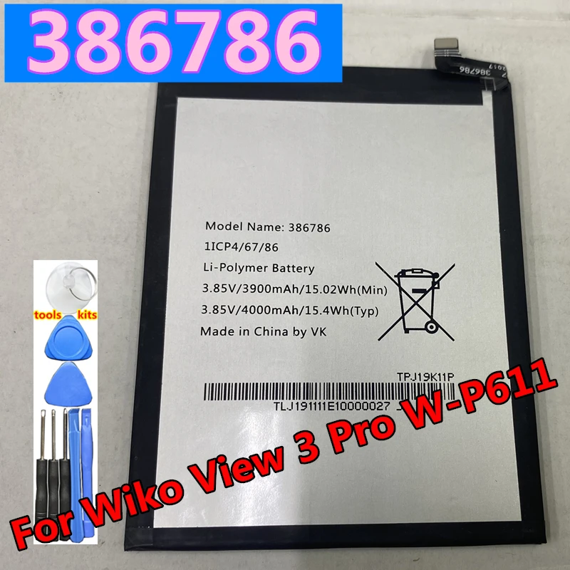 

Original 386786 4000mAh For Wiko View 3 View3 Pro W-P611 M2766 TPJ19K11P TPJ18K07P Replacement Mobile Phone Battery