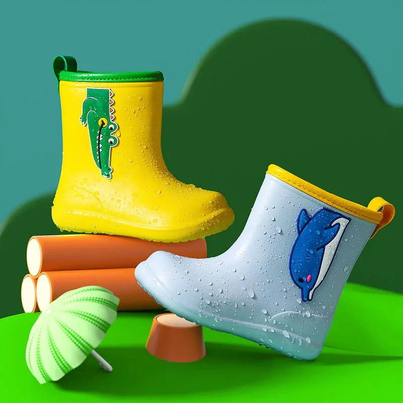 

1-8Y Kids Rain Boots Waterproof Boy Cartoon Water Shoes Non Slip Cute Children Plush Warm Ankle Boot PVC Toddler Rainboots