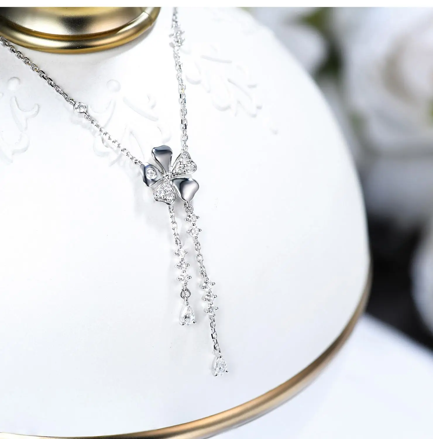 

Tassels Flower Diamond cz Pendant Real 925 Sterling Silver Party Wedding Pendants Chain Necklace For Women Bridal Charm Jewelry