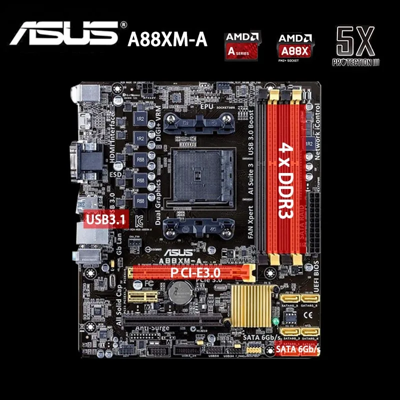 Фото Разъем FM2/FM2 + Asus A88XM A системная плата AMD A10 DDR3 64 Гб PCI E 3 0 совместимому с HDMI A8 A6 A4