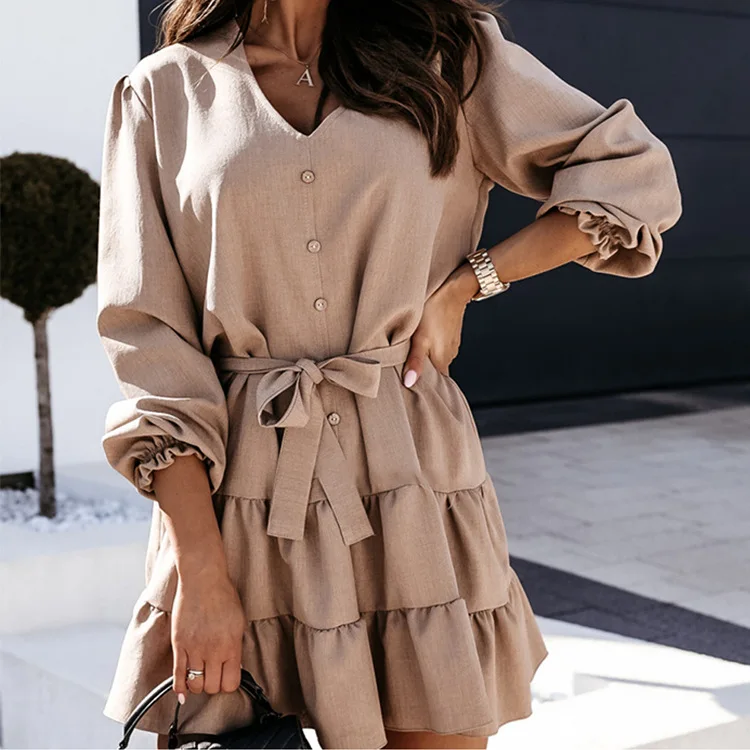 

Khaki Ruffled Patchwork Slimming A-line Dress Butterfly Sleeve V-neck High Waist Lace-up Office Lady Women Outfits New Arrivals
