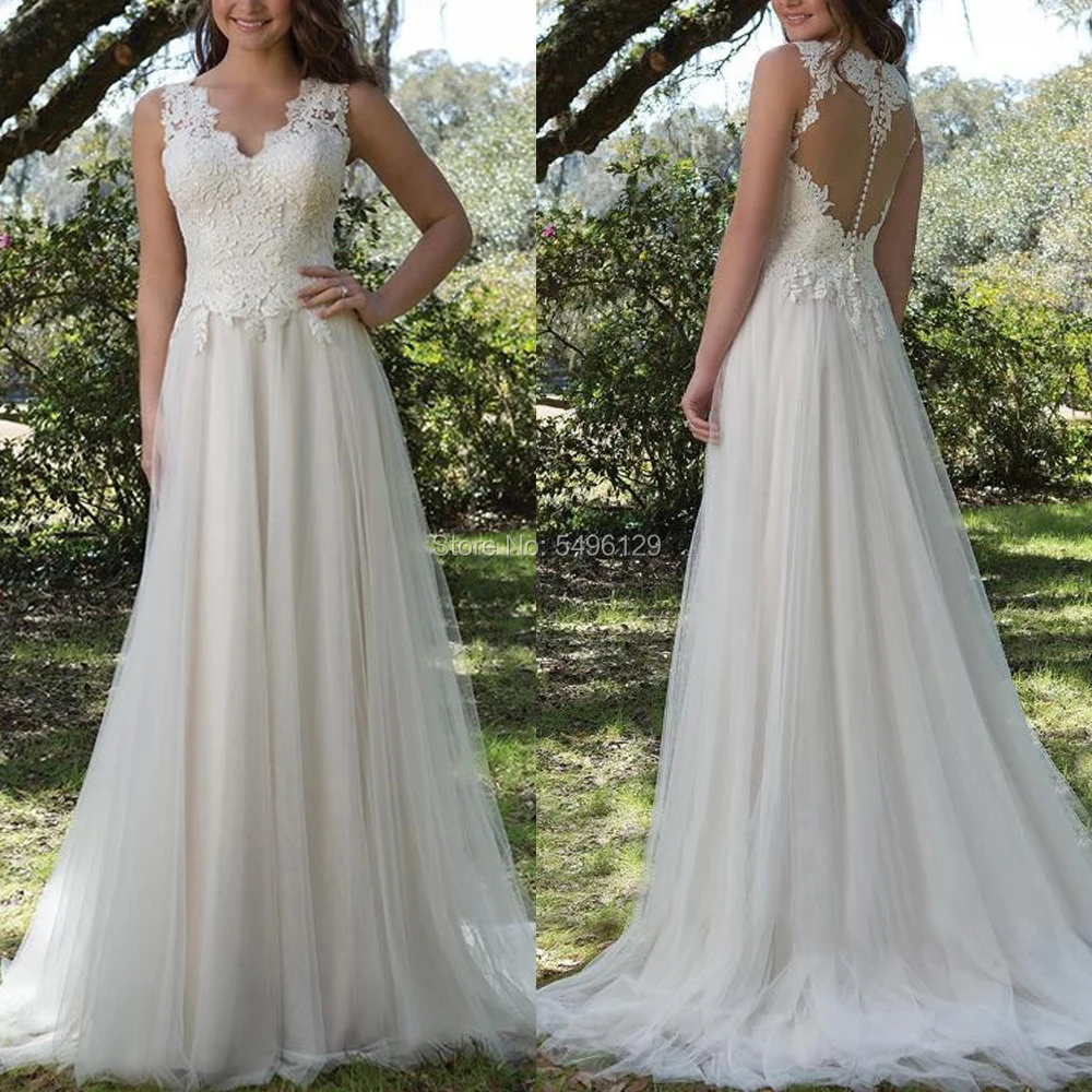 Свадебное платье-трапеция без рукавов с V-образным вырезом и естественной талией