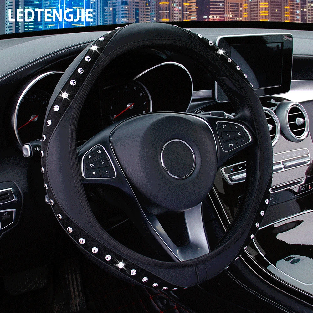 

LEDTENGJIE чехол рулевого колеса автомобиля без внутреннего кольца, искусственная кожа, инкрустированная бриллиантами и драгоценными камнями, ...