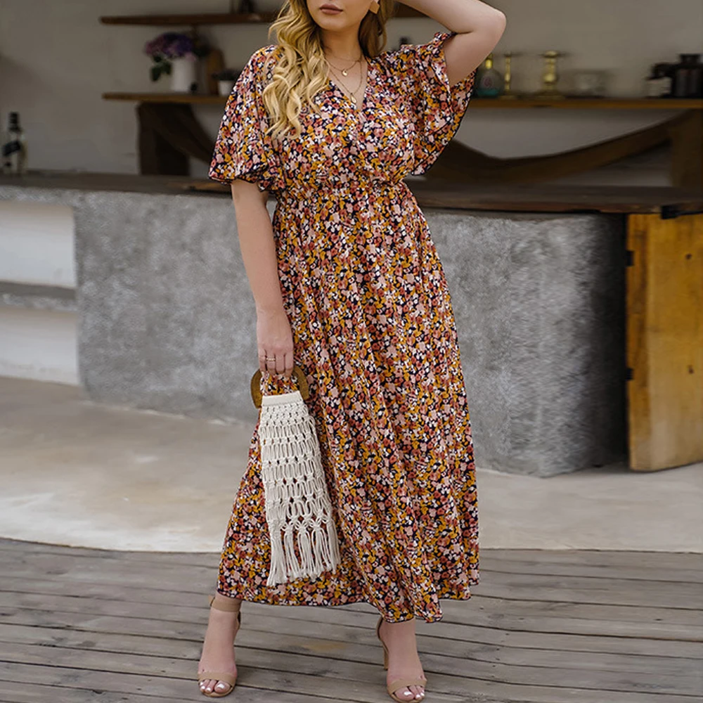 

Floral Boho Beach Dress Women 2021 Summer V Neck Short Sleeve Casual Dress Plus Size Ladies Tunic Maxi Long Dresses