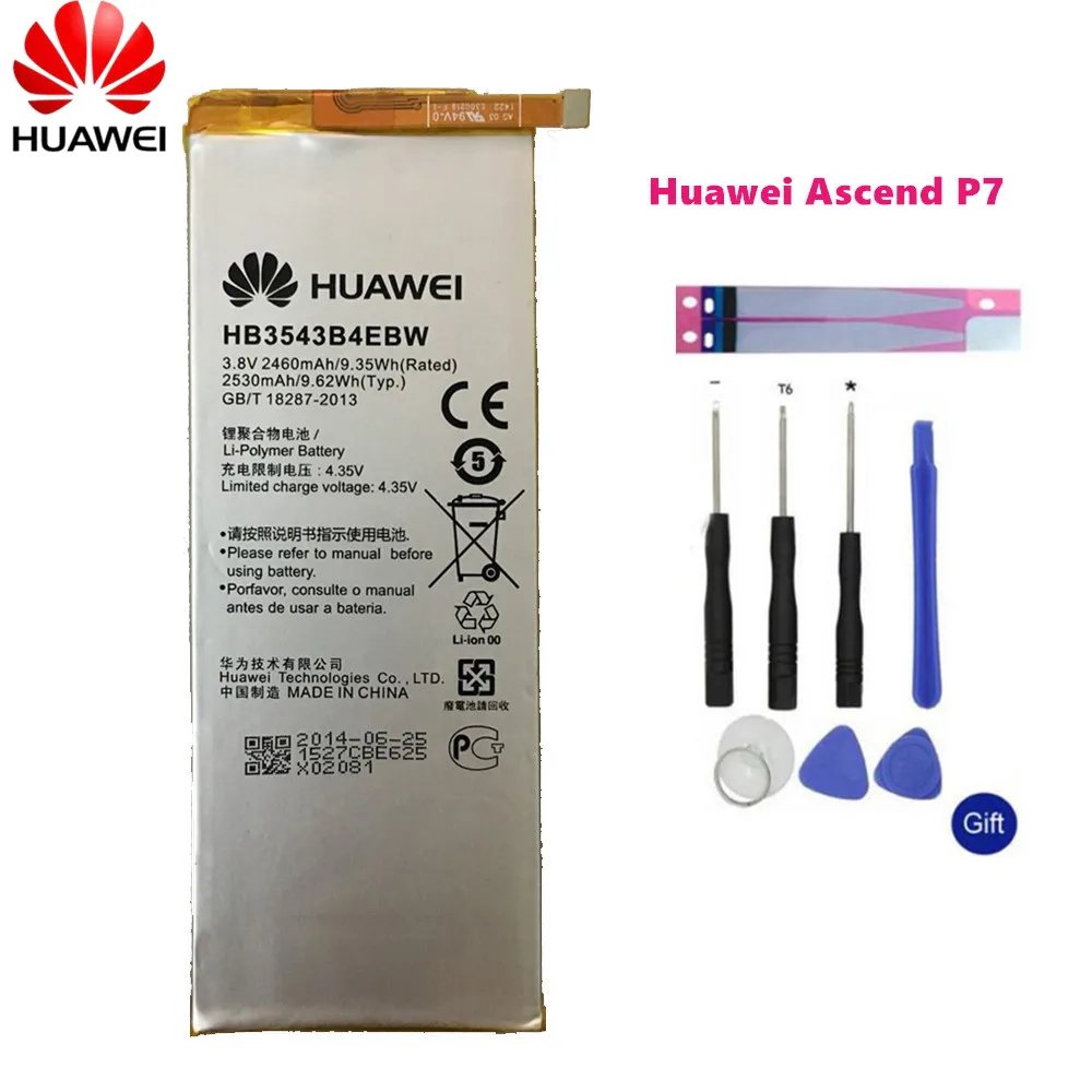 

Hua Wei Original Phone Battery HB3543B4EBW for Huawei Ascend P7 L07 L09 L00 L10 L05 L11 2460mAh Replacement Batteries Free Tools