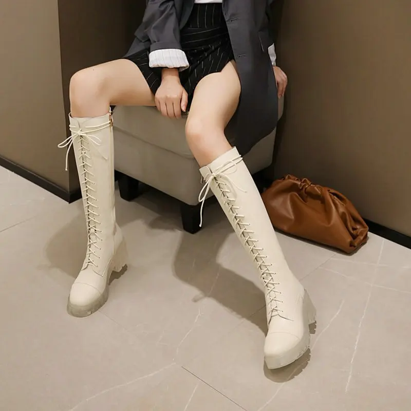 

2020 winter transparent clear sole riding equestrian womens boots platform chunky heels lace-up front knee high boots for woman