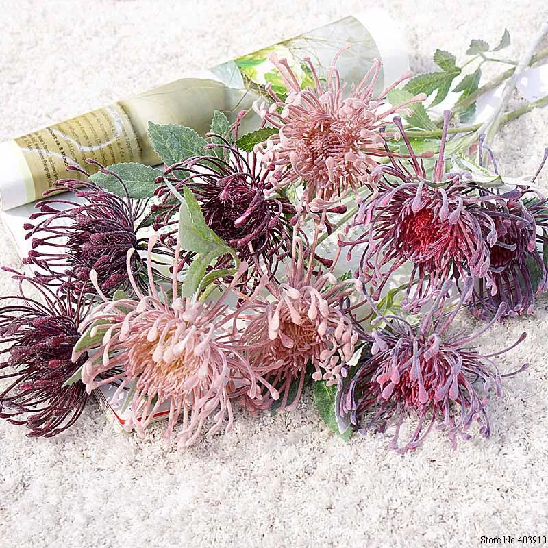Флокированные Leucospermum искусственные цветы для украшения свадьбы Искусственные цветы пластик искусственный цветок растение Флер искусственное
