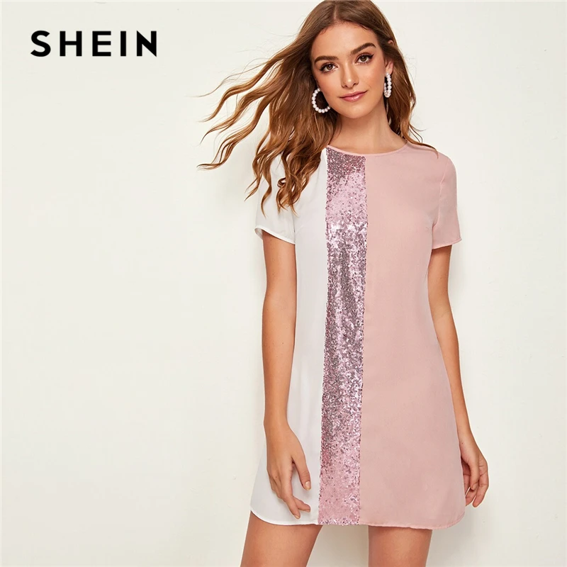 SHEIN короткое платье туника с блестками коротким рукавом и круглым вырезом прямое