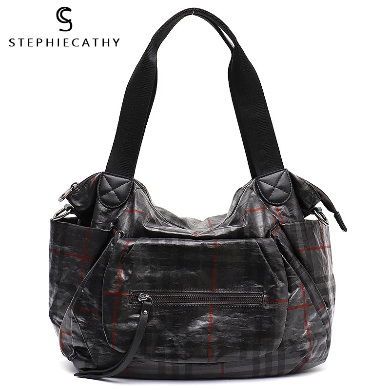 SC брендовая Роскошная нейлоновая и кожаная сумка для женщин модная клетчатая