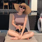 Бикини женское однотонное в Корейском стиле, купальный костюм с чашками пуш-ап, комплект из двух предметов, кроп-топ с топом и высокой горловиной, купальный костюм с черной подушечкой