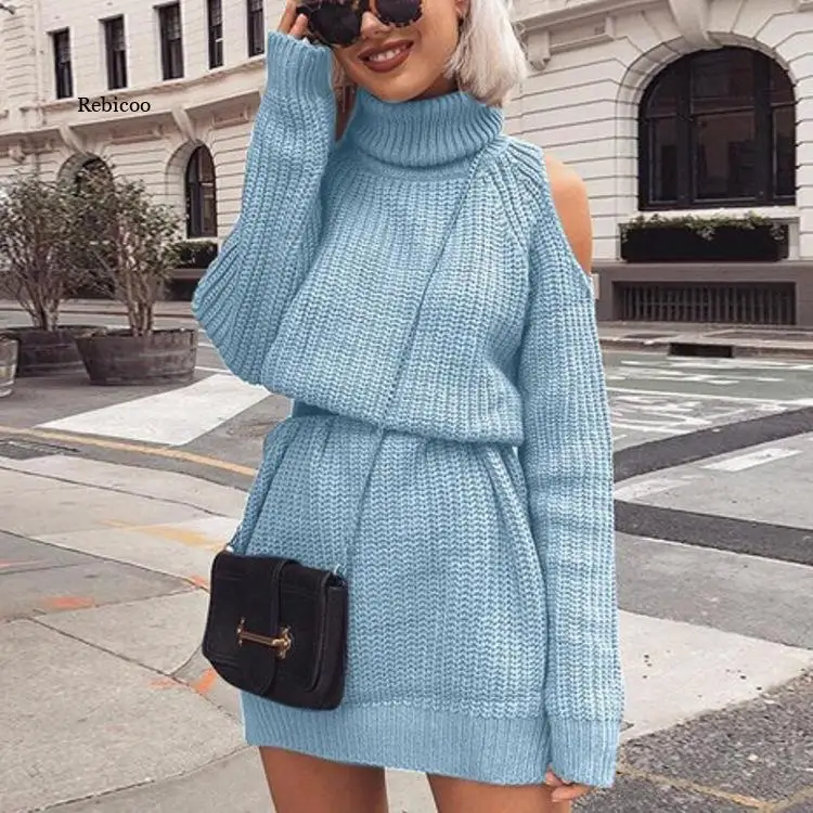 

Autumn Turtleneck Knitwear Women Dress Casual Fashion Office Lady Off Shoulder Female Long Sleeve Midi Sweater Dress Winter New