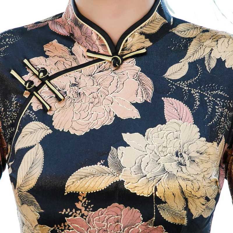 Осень-зима Cheongsam золото бархат Мода Бронзовый принт рукав три четверти платье для