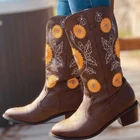 Женские ботинки с вышивкой в этническом стиле на толстом каблуке с острым носком, повседневная женская обувь, модные ботинки средней длины, женские ботинки