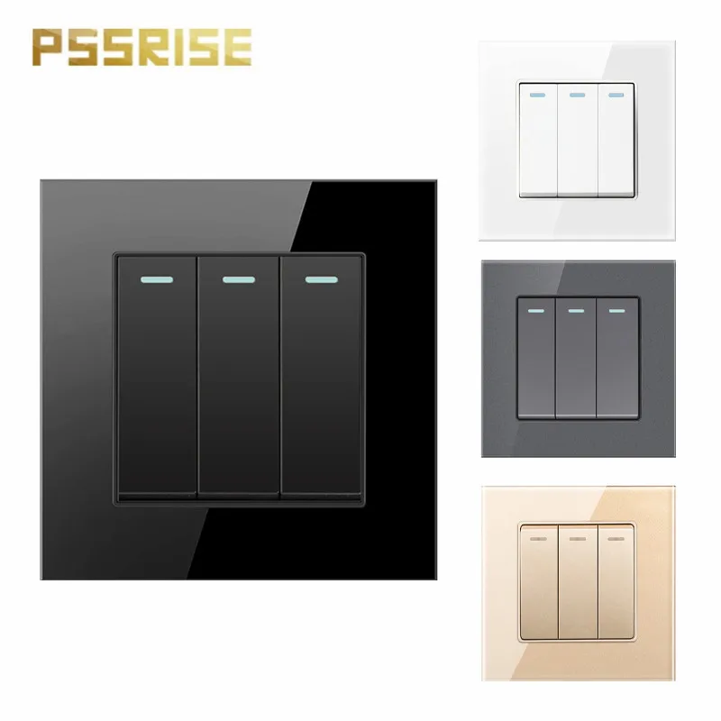 

PSSRISE Light Switch Push Button On / Off Wall Switch Luxury Tempered Glass Panel Switch EU Switch Socket 3 Gang 2 Way 86mm*86mm