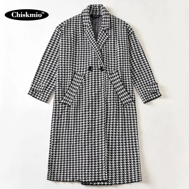 

Vintage Houndstooth Coat Ladies Clothes Mid-Length Turn-Down Collar Women Cardigan Long-Sleeve Loose Coat Autumn Winter 2021