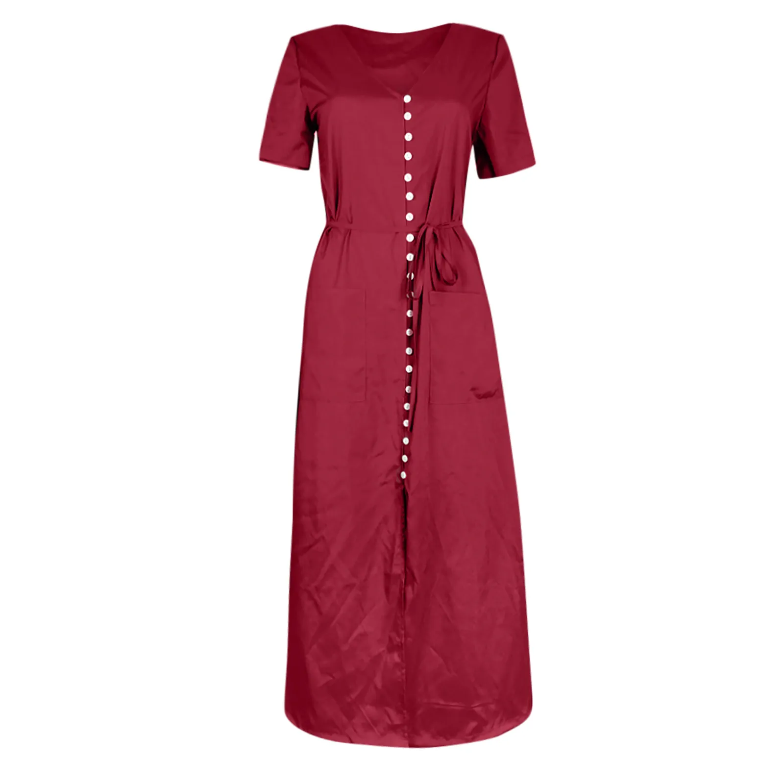 

40# V-neck Button Maxi Dress Solid Color Short Sleeve Elegant Long Dress Elegant Bandage Dresses For Women Pocket Robe Femme