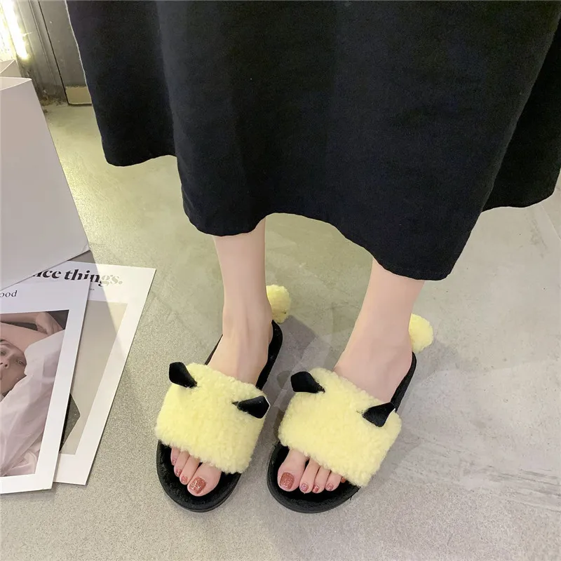 COOTELILI Woman Slippers Winter Shoes For Women New Fashion Sheep Faux Fur Flat Heel Pink Beige Plus Size 40 41 | Обувь