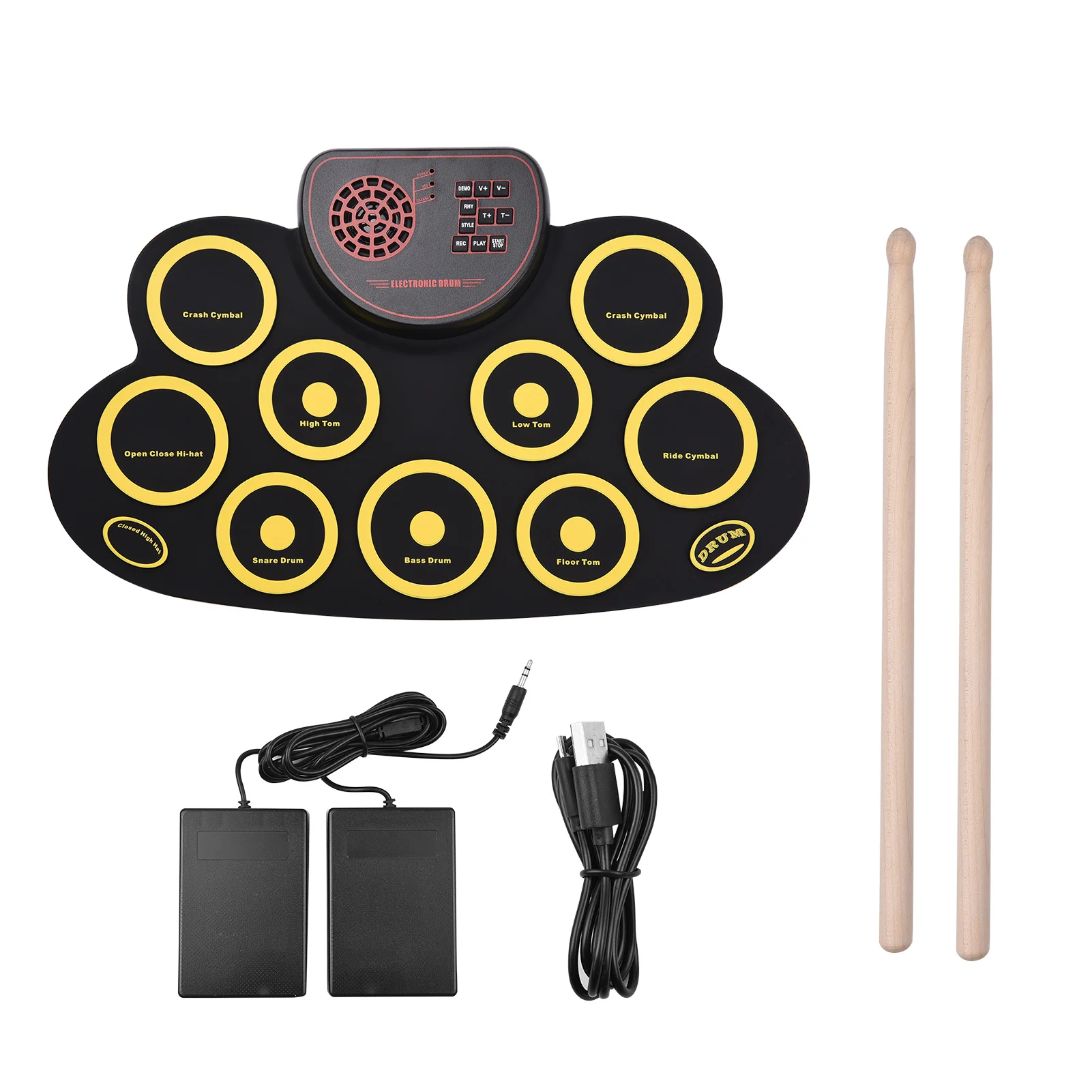 

Portable Electronic Folding Drum Pad Silicon Digital Drum Pad Audio Output & Record Functionput with Foot Pedals Drum Sticks