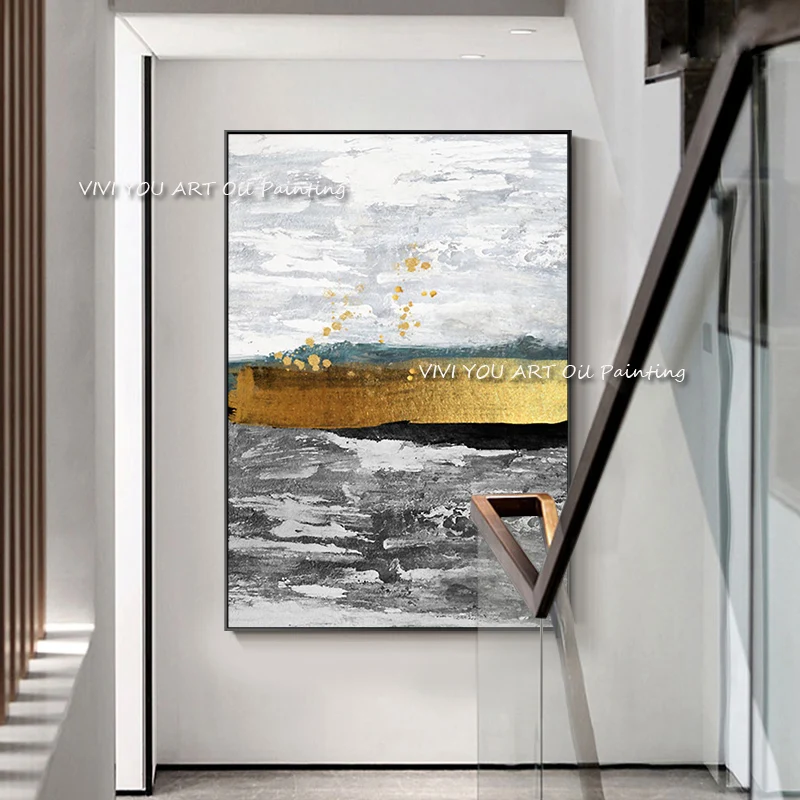 

Unframed Gold View Gray River Design Abstract 100% Handpainted Oil Painting Wall Art Picture for Living Room Bedroom Home Decor