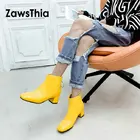Женские лакированные ботильоны ZawsThia, Зимние ботильоны на среднем квадратном каблуке, из искусственной кожи, желтого, белого, розового, красного цветов, Размеры 33-51, 2020