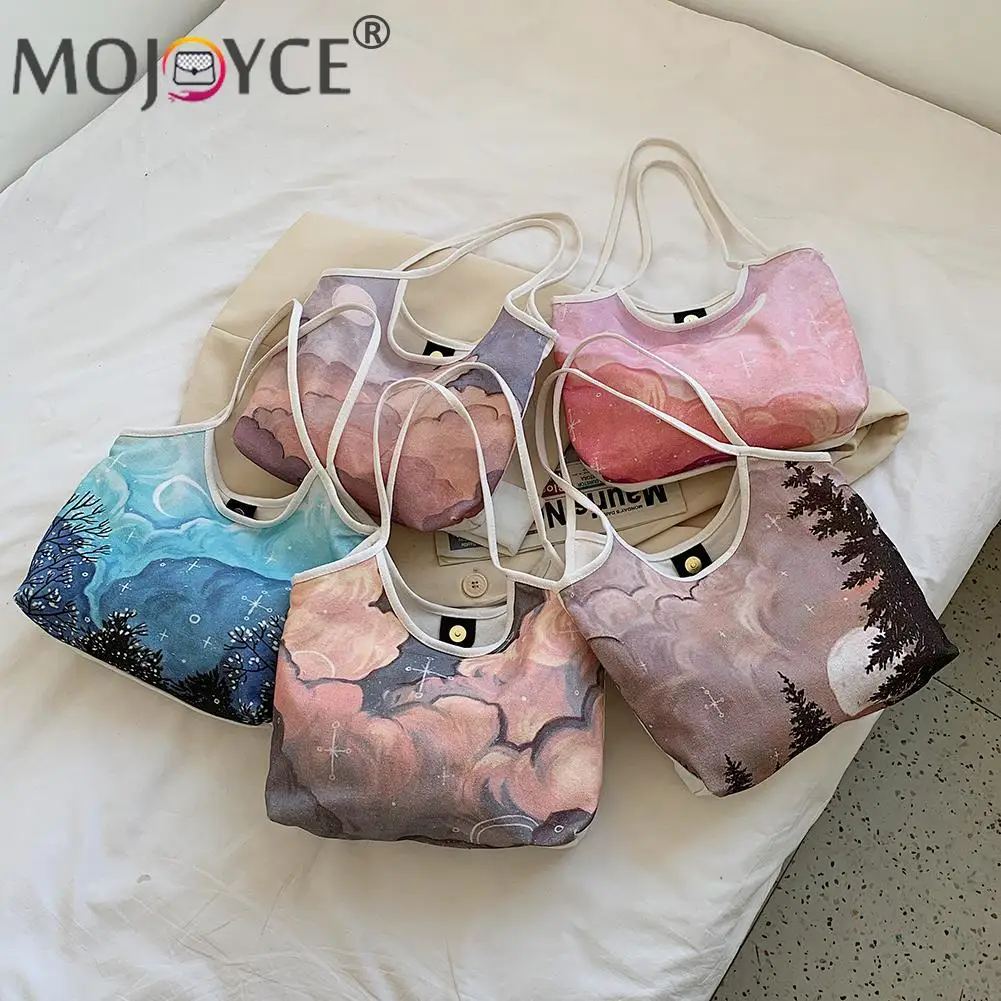 

Portable Tree Pattern Solid Color Large Capacity Handbags Casual All-match Women Canvas Moon Printing Shoulder Underarm Bag