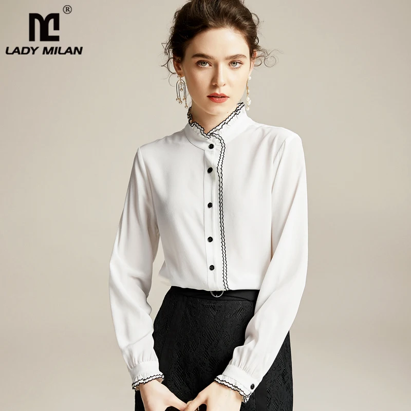 100% чистый шелк Женские рубашки стоячий воротник с длинным рукавом оборками