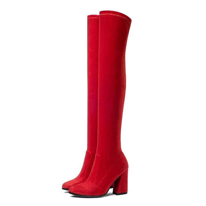 

Lucyever Hot Sale Fashion Long Boots for Women Nubuck Leather Sexy Over The Knee Chunky High Heels Flock Women Boots Size 34-43