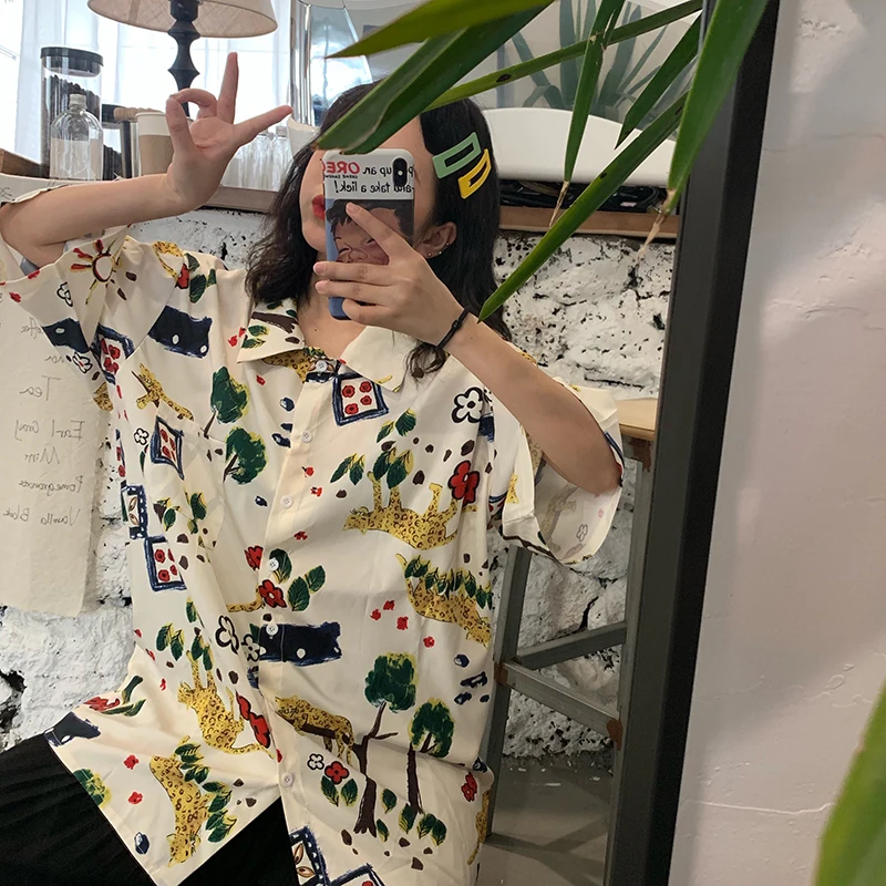

Women's Shirts Ulzzang Japanese Kawaii Ladies Vintage Casual Loose Printed Shirt Female Korean Harajuku Cute Clothes For Women