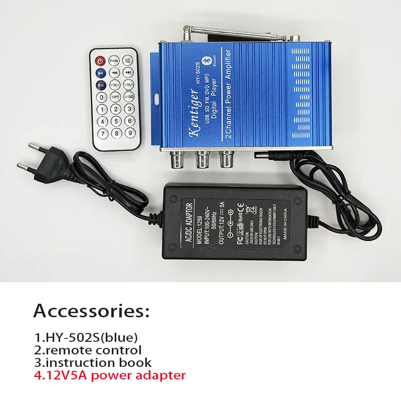 KENTIGER HY-502S с 12V5A адаптер питания 40 Вт мини Bluetooth усилитель+ av-кабель+ пульт дистанционного управления USB/SD карта плеер fm-радио - Цвет: blue with 12V5A powe