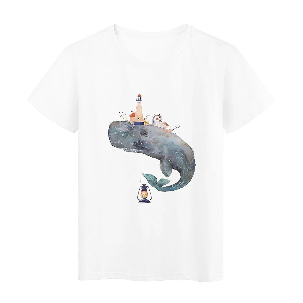 

90s Harajuku Women T Shirt Whale and Lighthouse Printed Aesthetic Designer Tee shirt Hipster Kpop White T-Shirts Personalized