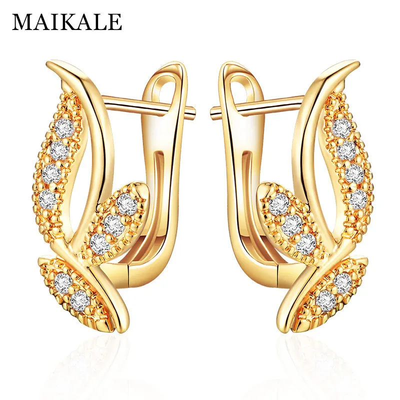 MAIKALE, классические серьги-гвоздики в форме листа, покрытые золотом и серебром, AAA кубический цирконий, простые корейские серьги для женщин - Окраска металла: Gold