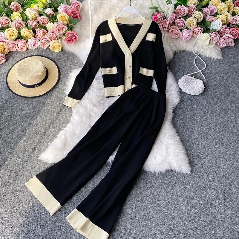 

Fall Winter Outfit Button Patchwork 2Piece Sets V-Neck Knitted Cardigans Sweater Suit Loosen Wide Leg Pants Tracksuits For Women