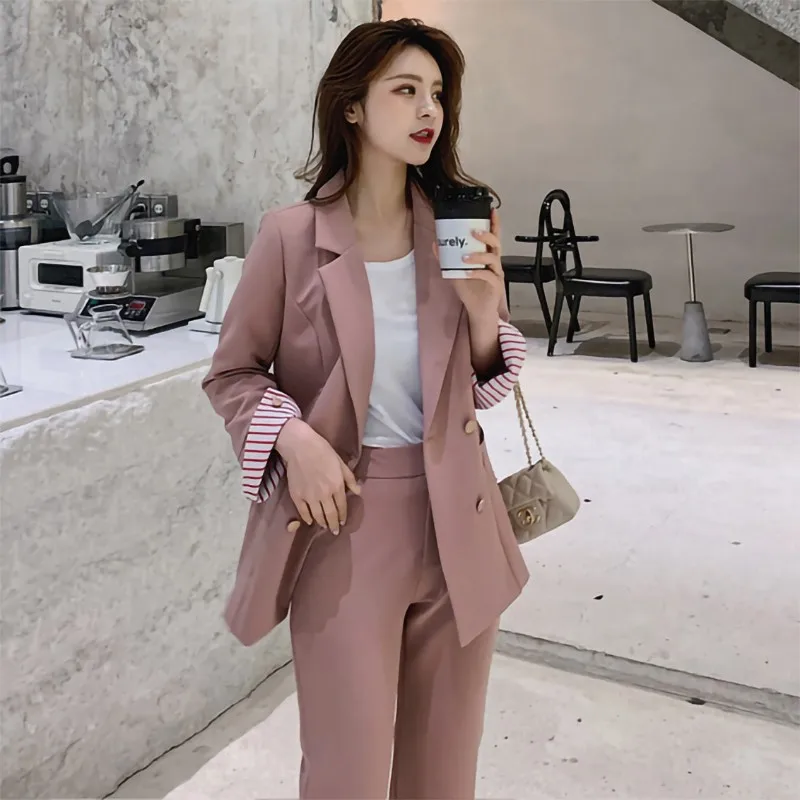 

Women Blazer Set Autumn Winter Solid Collar Notched Fashion Double Breasted Office Wear Ladies Suits Business Pants Suit