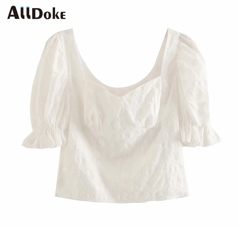 ALLDOKE белая Повседневная Блузка с оборками женские летние кроп топы квадратным