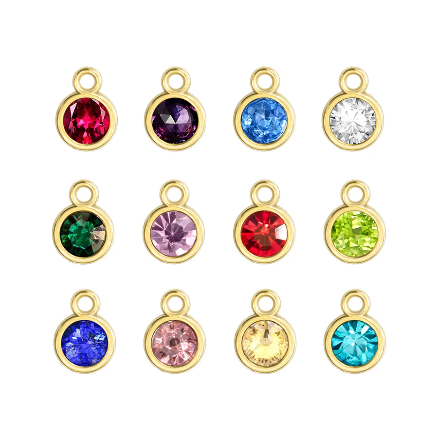 

12pcs Round Gold Color Birthstone DIY Birthday Stones 12 Months Alloy Size 7x10mm Charms Pendants