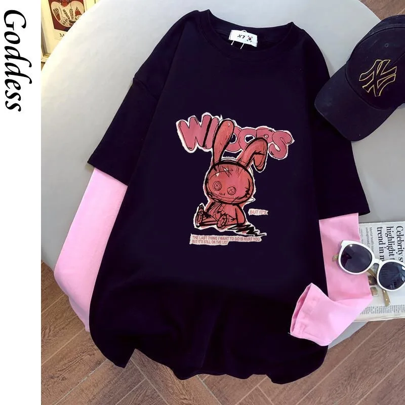 

Girl Lady Casual Long Sleeve Women Clothes Harajuku High Street Shirt Cotton Black Loose T shirt Women Harajuku Hip Hop Tshirt