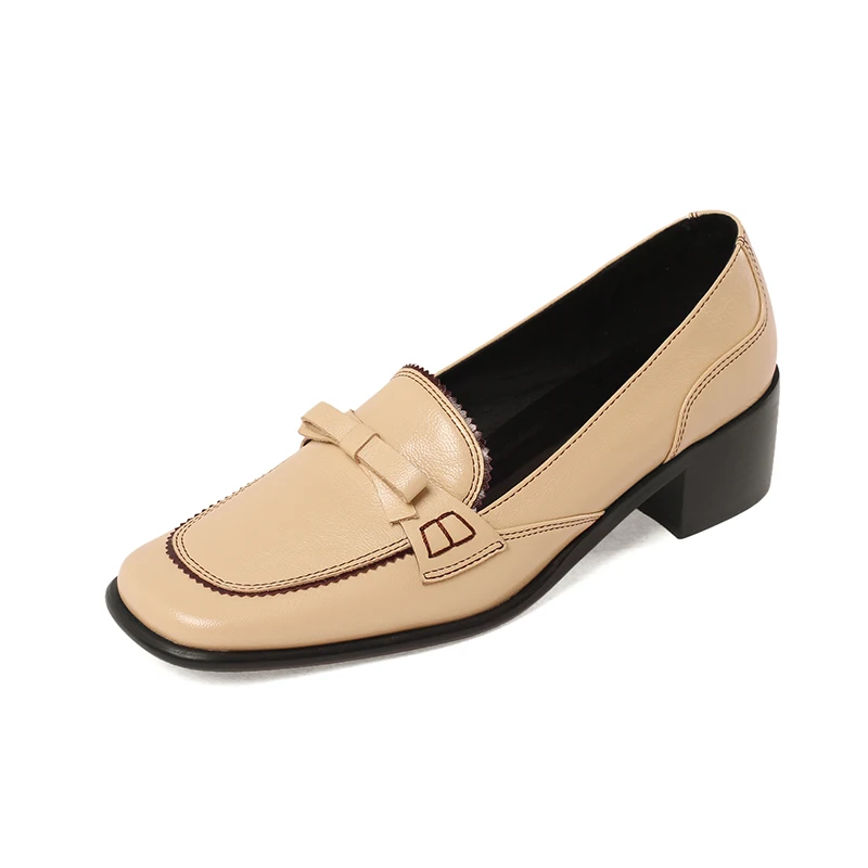 

Casual Loafers Genuine Leather Pumps Shoes For Women Spring Autumn Med Square Heels Pumps Retro Dress Party Shoes Woman