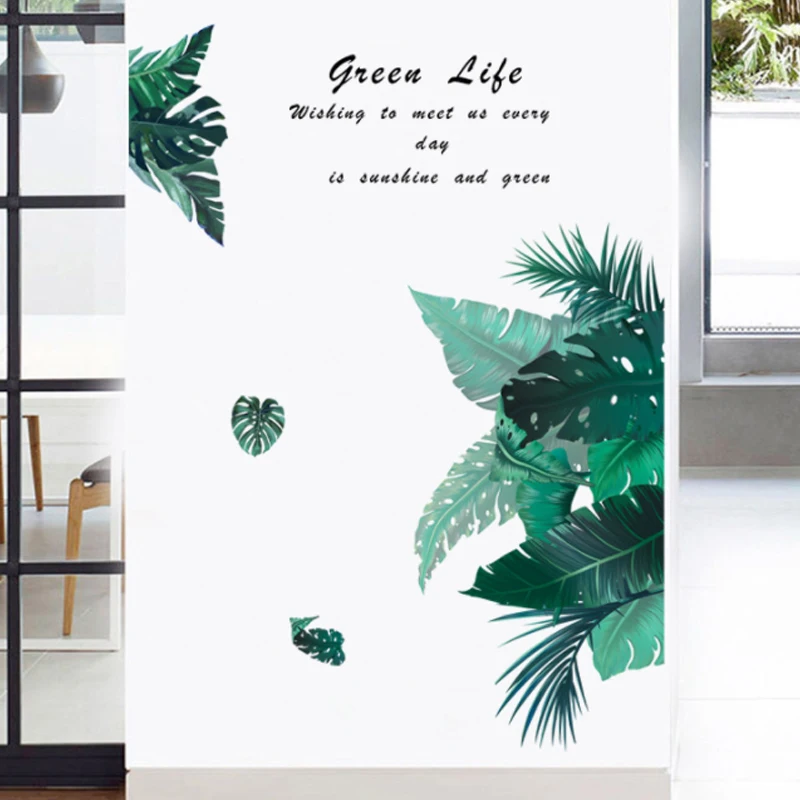 Декоративные наклейки на стену в виде зеленых листьев для украшения гостиной