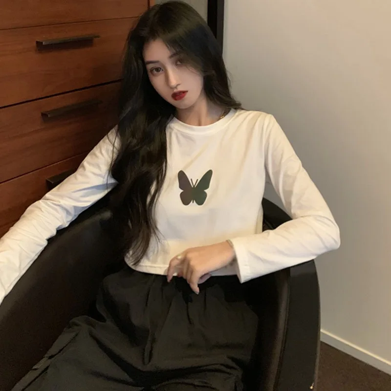 

Reflective Butterfly Print T Shirt Women Autumn Korean Fashion Long Sleeve Bottoming T Shirts Tops Women's Clothing M L XL