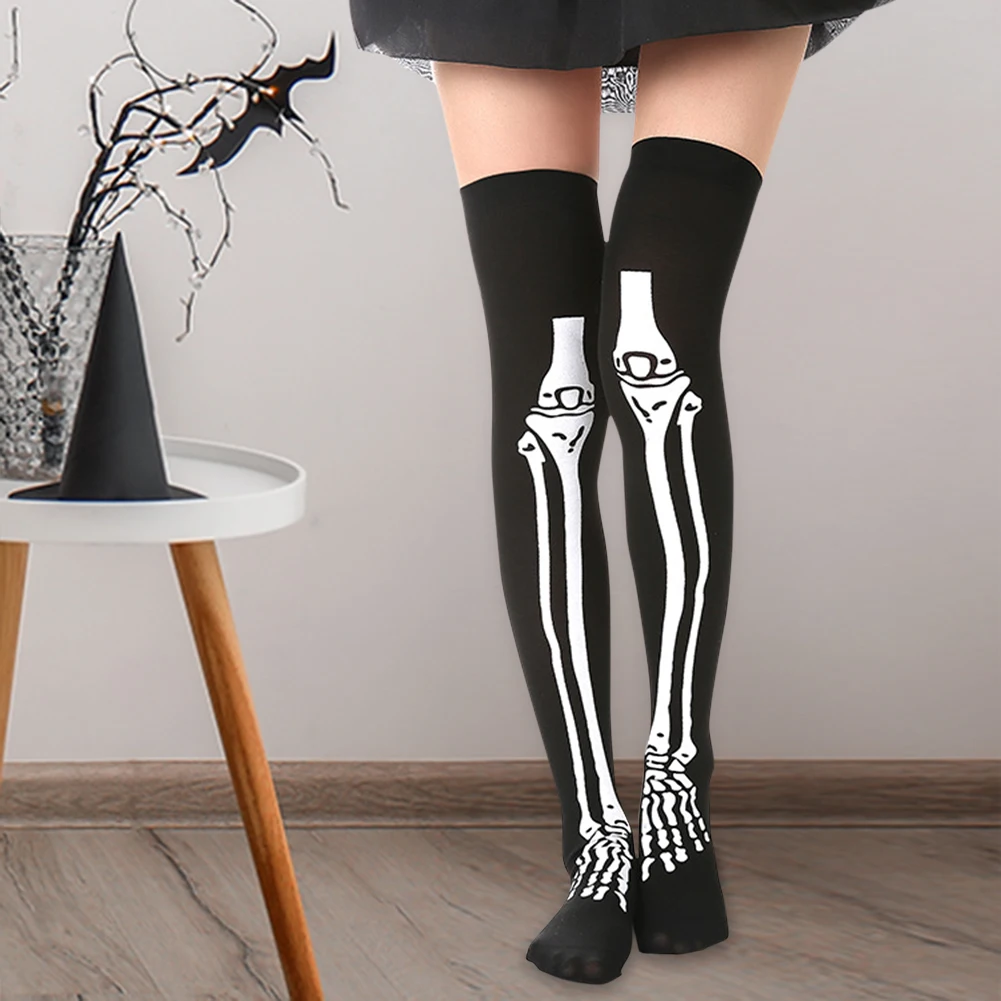 Носки JOCESTYLE на хэллоуин длинные чулки выше колена с черепом скелетом высокие для