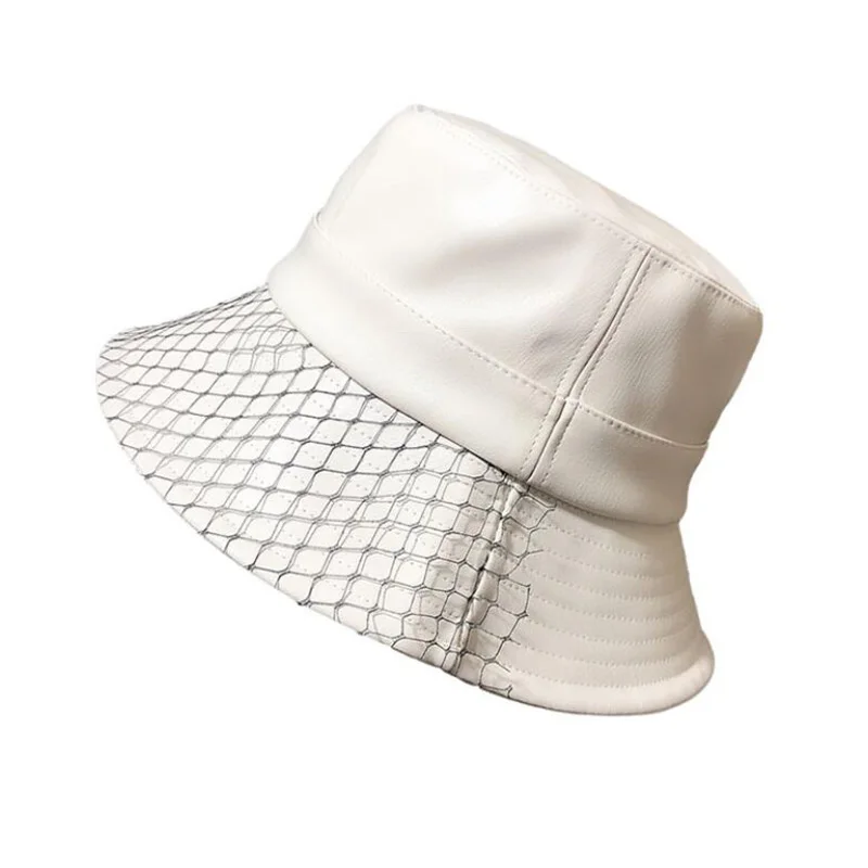 Fashion PU Bucket Hat Leather Fishing Cap Soild Foldable Hiking Hat Hip-Hop Street Waterproof Panama for Women and Men
