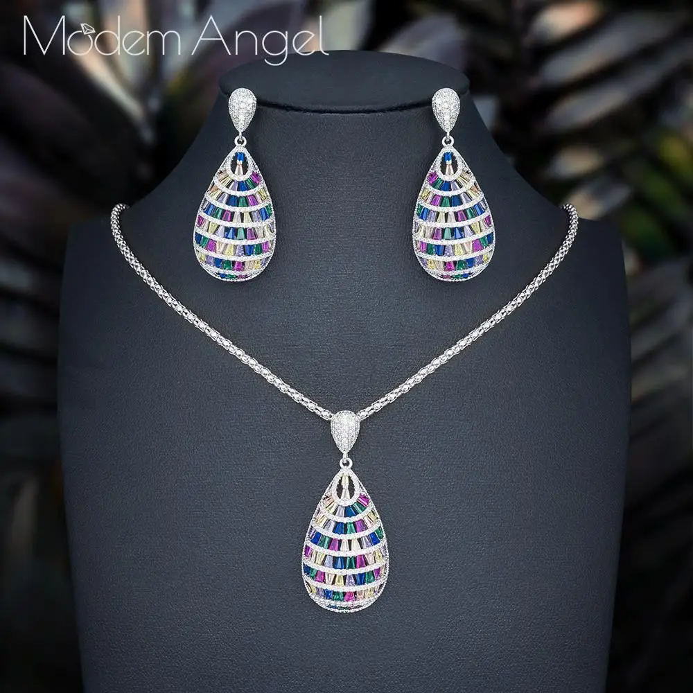 

ModemAngel Luxury Water Cubic Zirconia Women Engagement Wedding Bridal Dubai High End Jewelry Set Necklace Earring Jewelry Set
