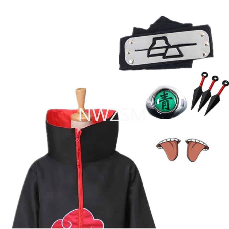 

Anime Pain Costumes Akatsuki Suit Cloak Headband Ring Set Itachi Deidara Cosplay Robe Cape Halloween Gift Give away stickers