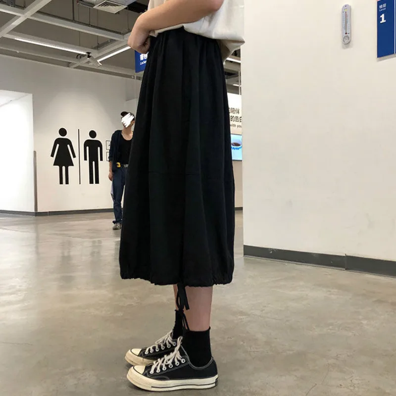 

Skirts Women Solid Baggy Elastic Waist Drawstring Simple Student Harajuku Lovely Mid-length Autumn Ins All-match Daily Leisure